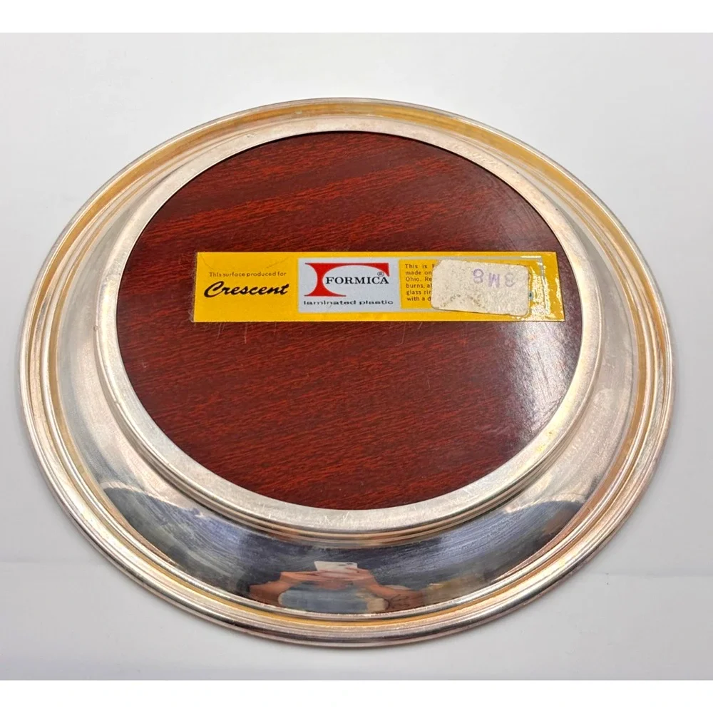 Vintage Crescent Silverplate Formica Coaster Set Wood Grain Bar Trays MCM